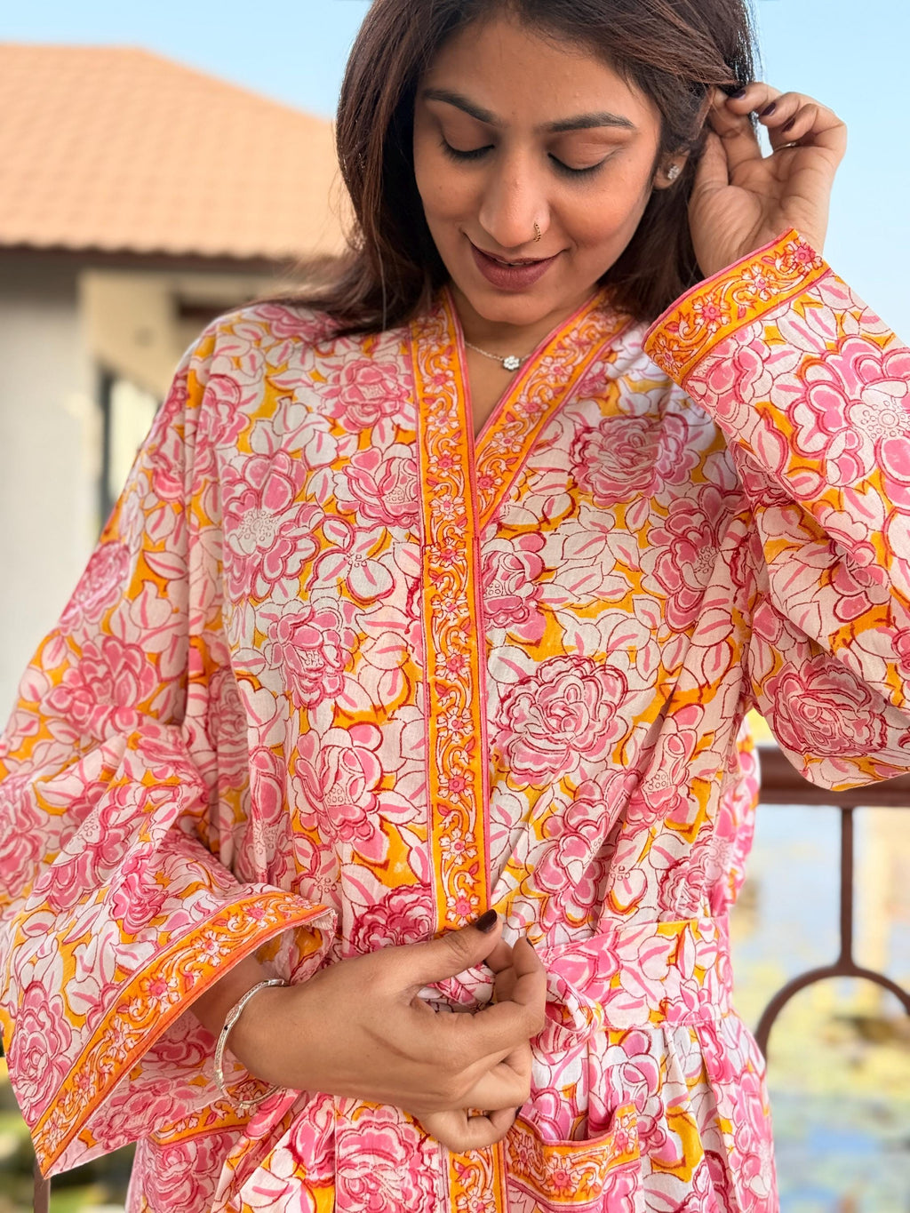 Hand Block Print Cotton Bathrobe, Natural Dye Kimono Robe, Lightweight Spa Robe, Handmade Gift for Her or Him