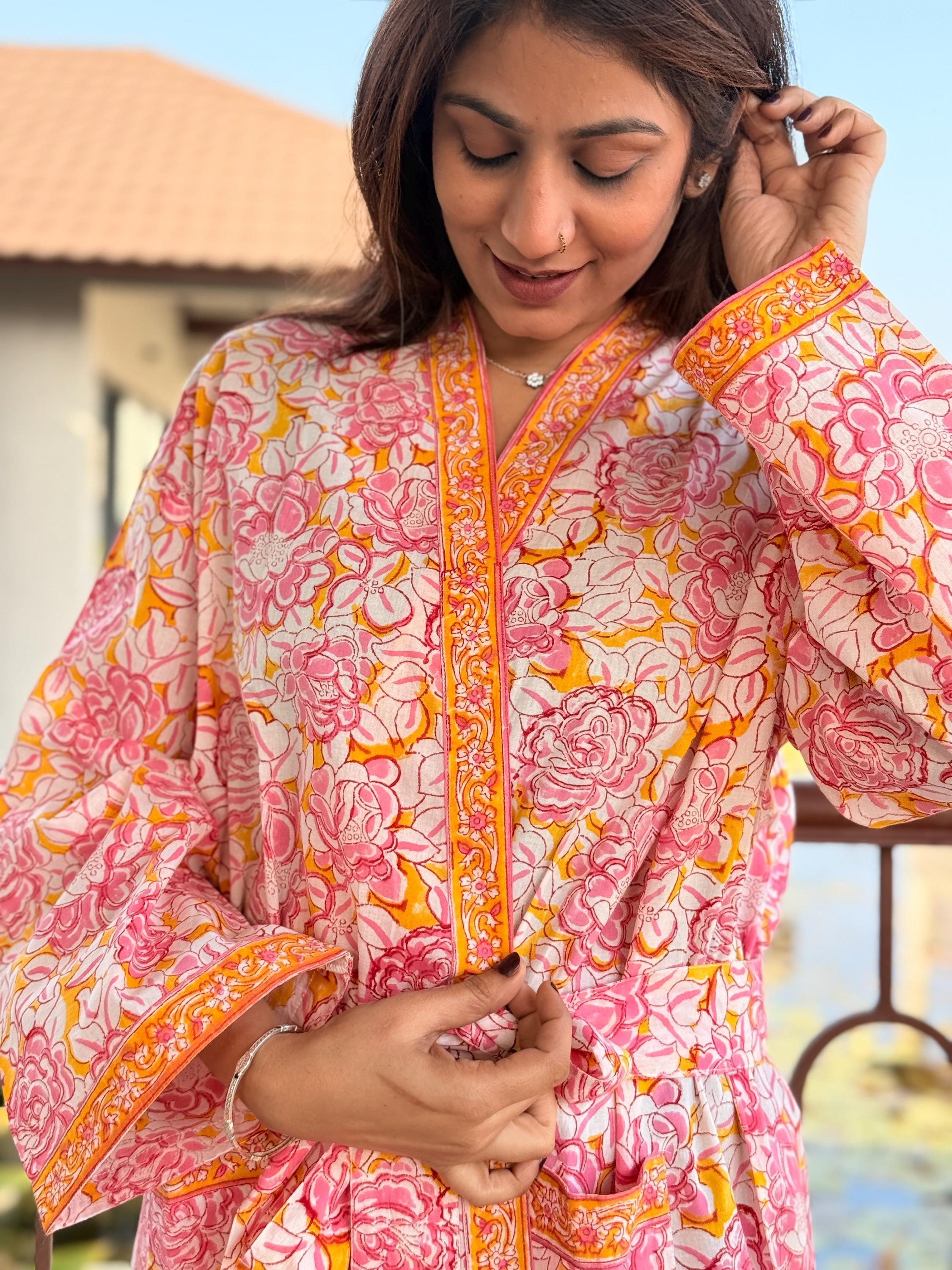 Hand Block Print Cotton Bathrobe, Natural Dye Kimono Robe, Lightweight Spa Robe, Handmade Gift for Her or Him