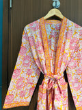 Hand Block Print Cotton Bathrobe, Natural Dye Kimono Robe, Lightweight Spa Robe, Handmade Gift for Her or Him