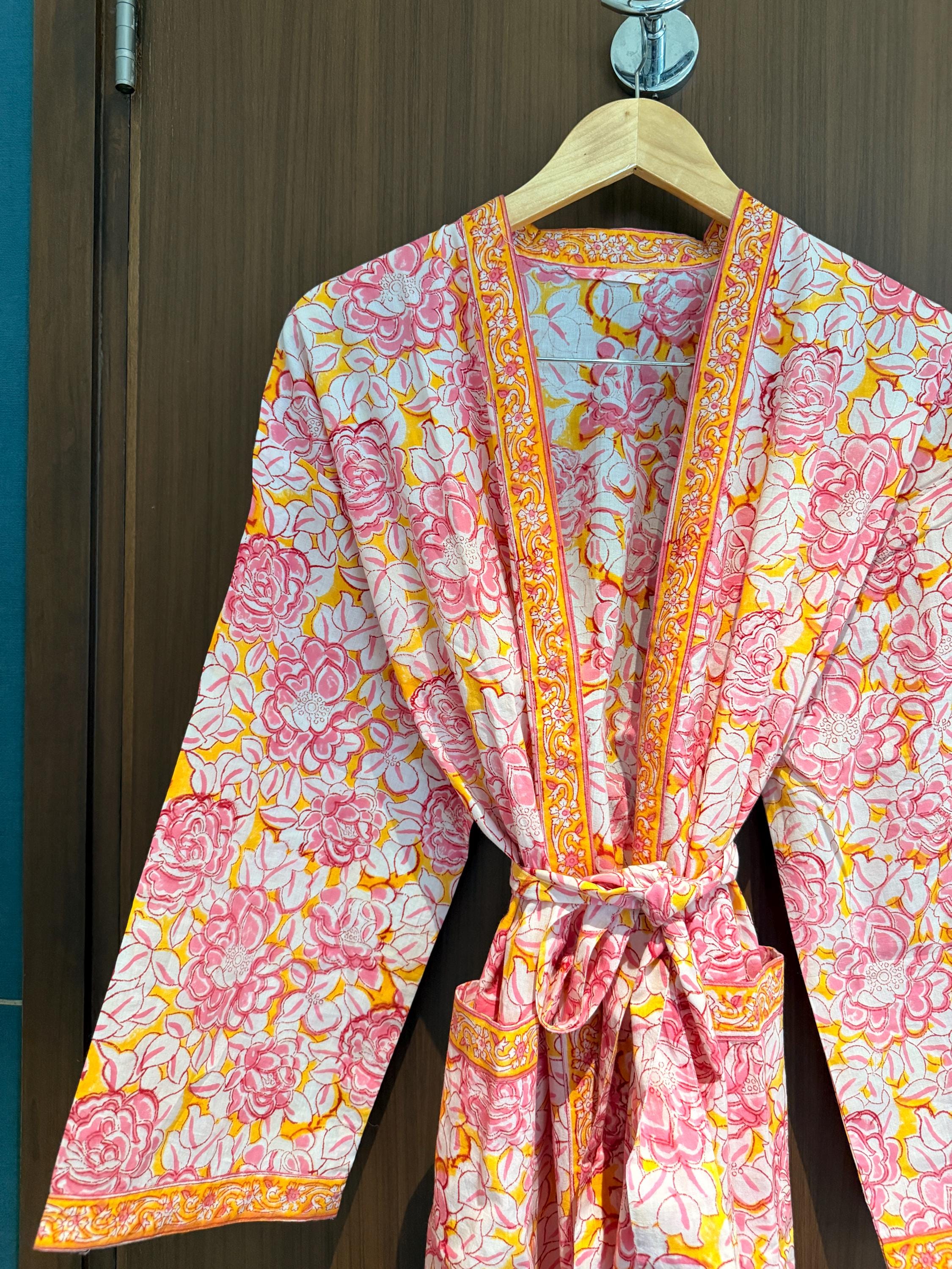 Hand Block Print Cotton Bathrobe, Natural Dye Kimono Robe, Lightweight Spa Robe, Handmade Gift for Her or Him