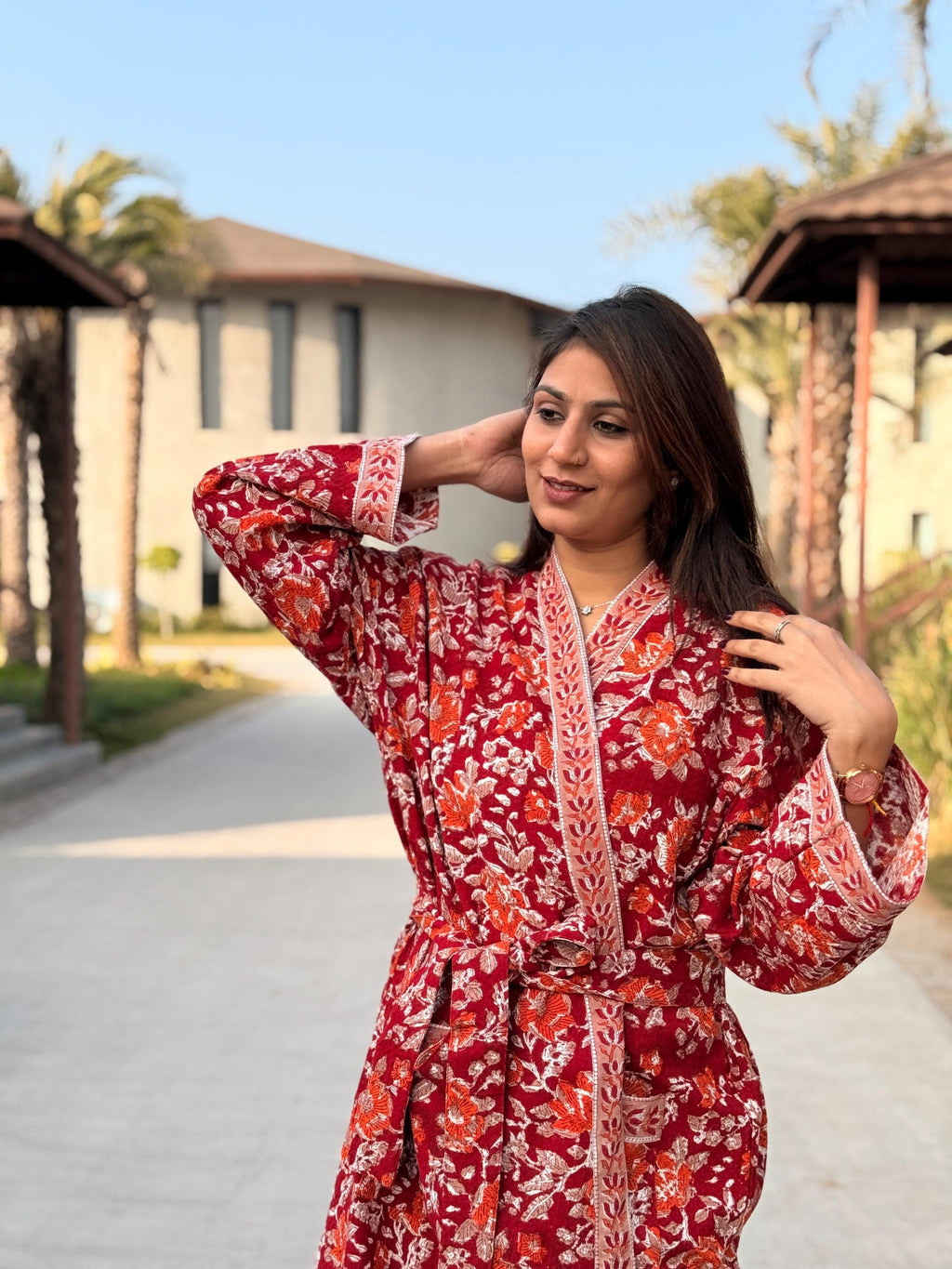 Hand Block Print Cotton Waffle Robe, Floral Kimono Loungewear