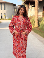 Hand Block Print Cotton Waffle Robe, Floral Kimono Loungewear
