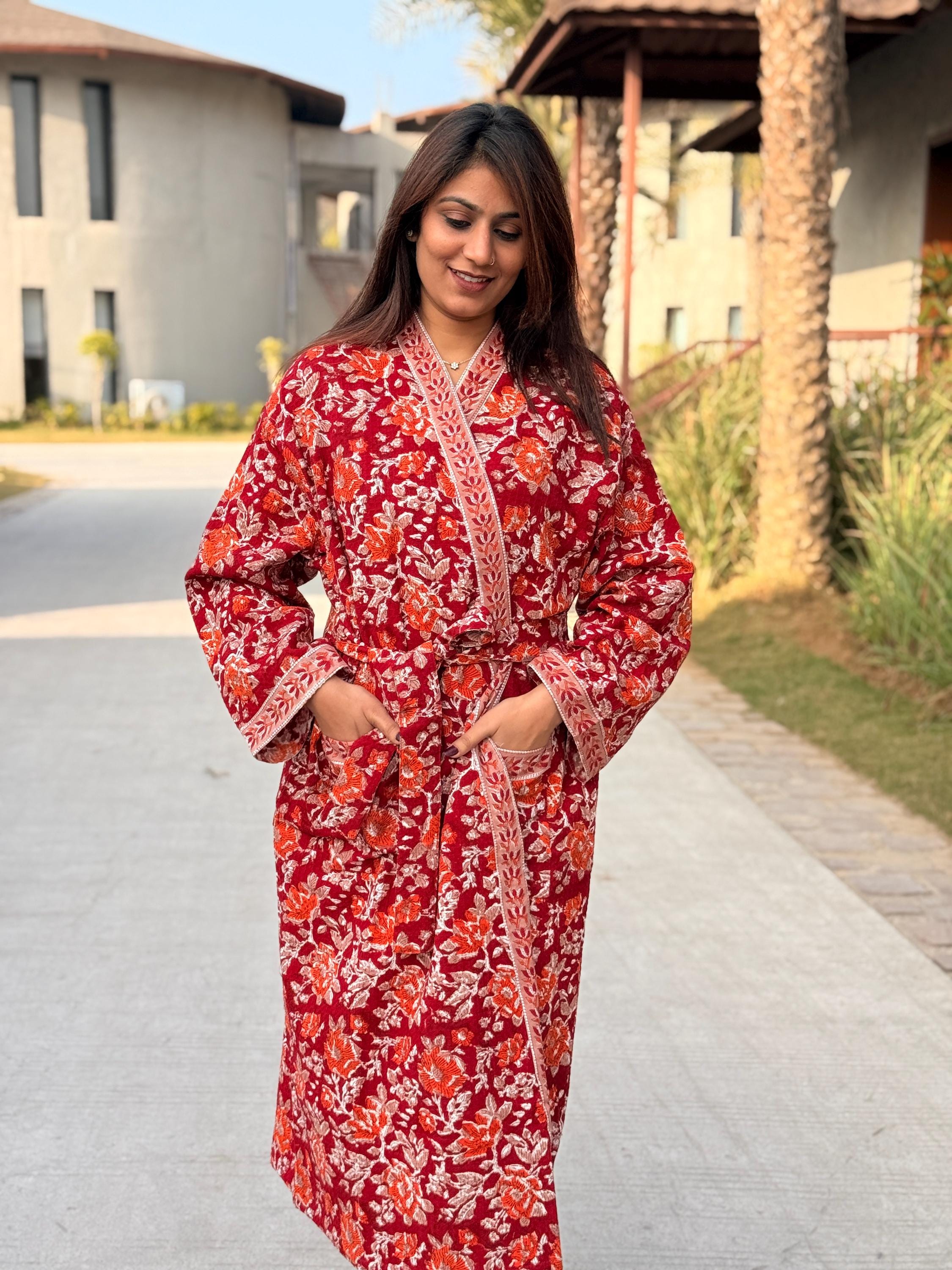 Hand Block Print Cotton Waffle Robe, Floral Kimono Loungewear