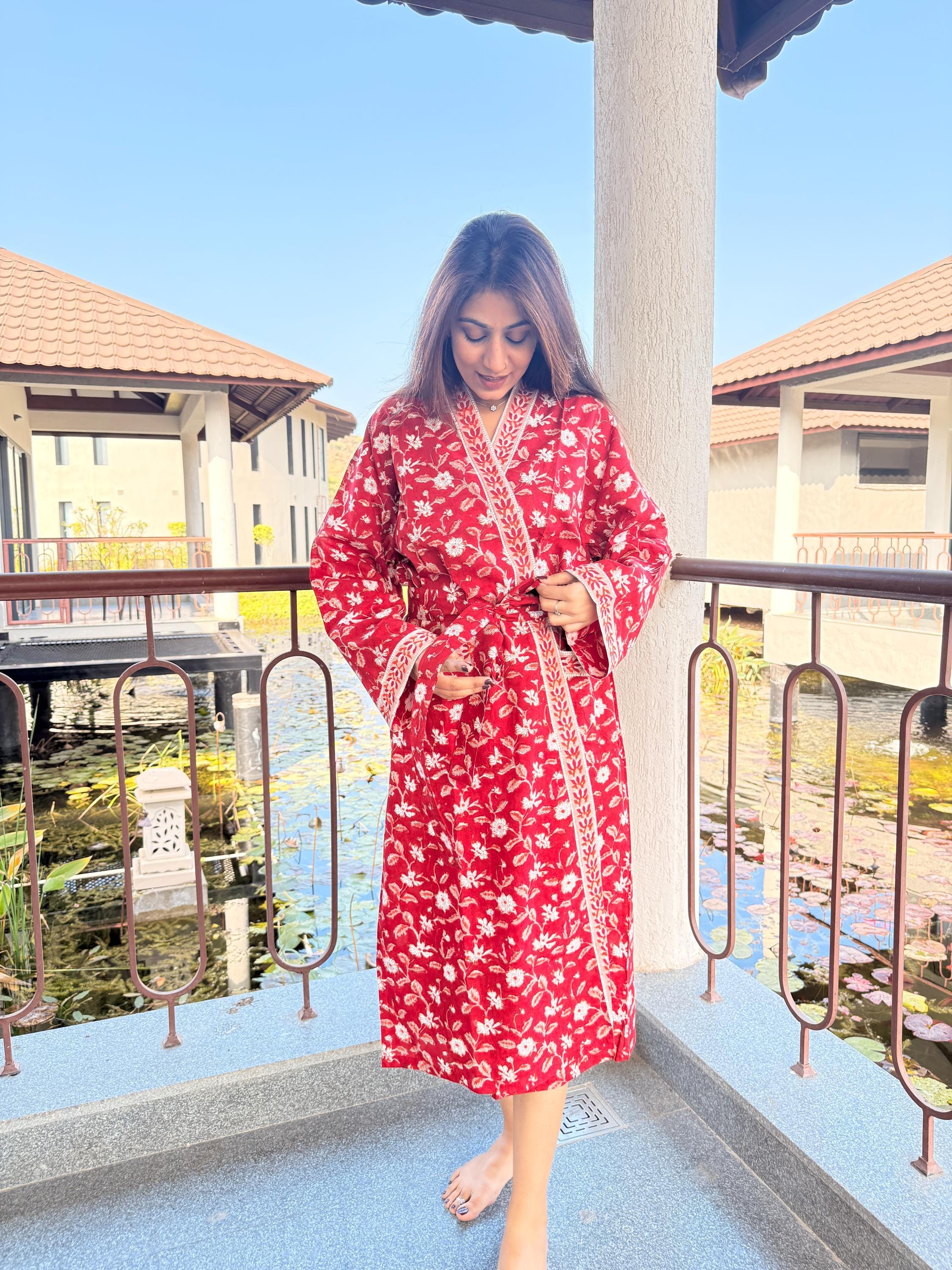 Hand Block Print Cotton Bathrobe, Natural Dye Kimono Robe, Lightweight Spa Robe, Handmade Gift for Her or Him
