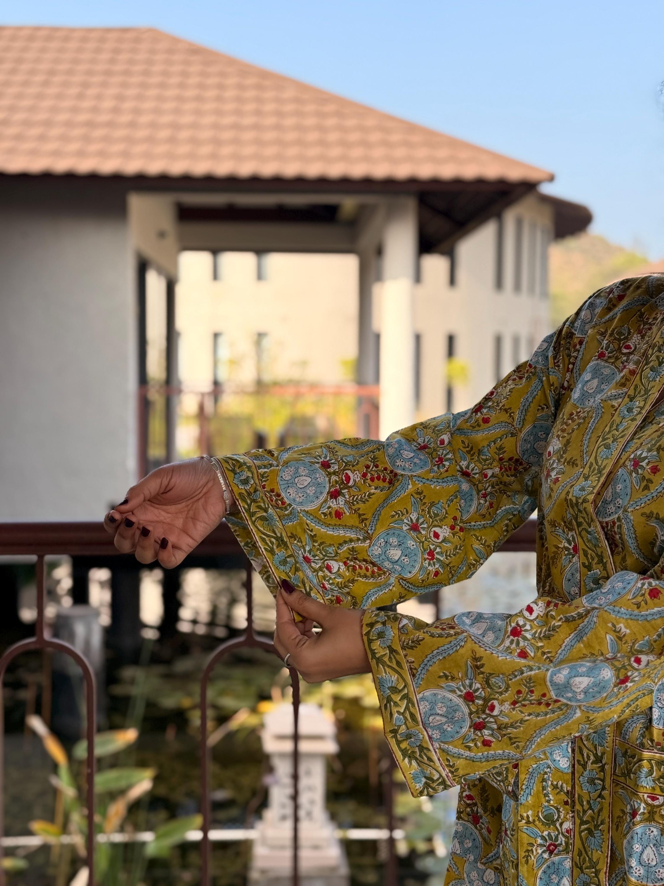 Hand Block Print Cotton Bathrobe, Natural Dye Kimono Robe, Lightweight Spa Robe, Handmade Gift for Her or Him
