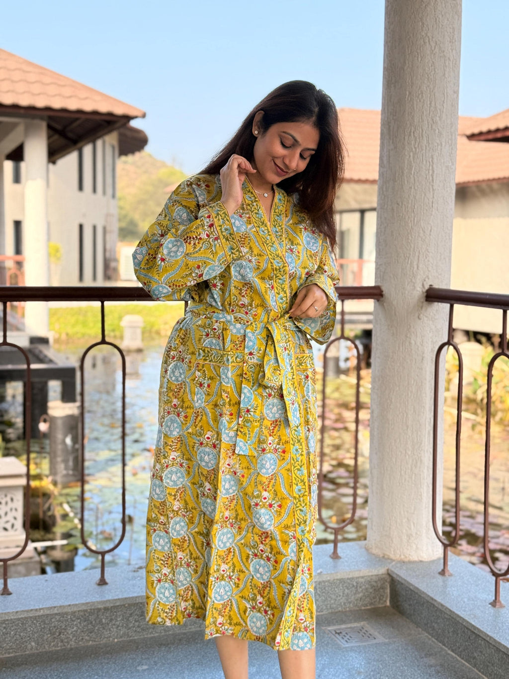 Hand Block Print Cotton Bathrobe, Natural Dye Kimono Robe, Lightweight Spa Robe, Handmade Gift for Her or Him