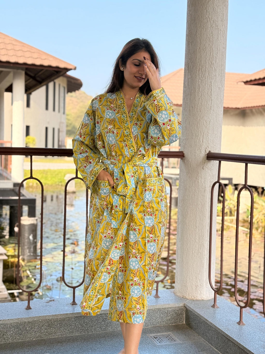 Hand Block Print Cotton Bathrobe, Natural Dye Kimono Robe, Lightweight Spa Robe, Handmade Gift for Her or Him
