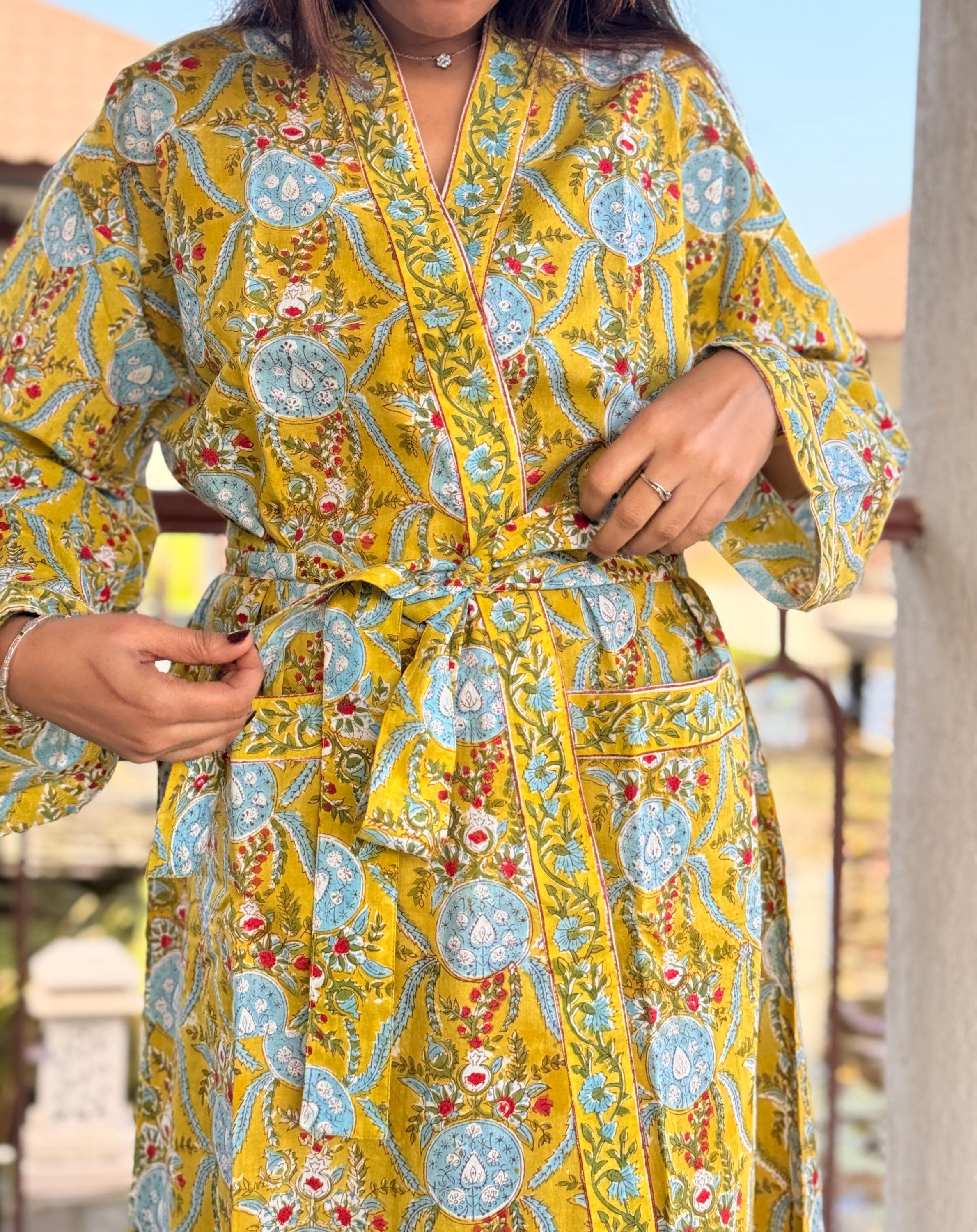 Hand Block Print Cotton Bathrobe, Natural Dye Kimono Robe, Lightweight Spa Robe, Handmade Gift for Her or Him