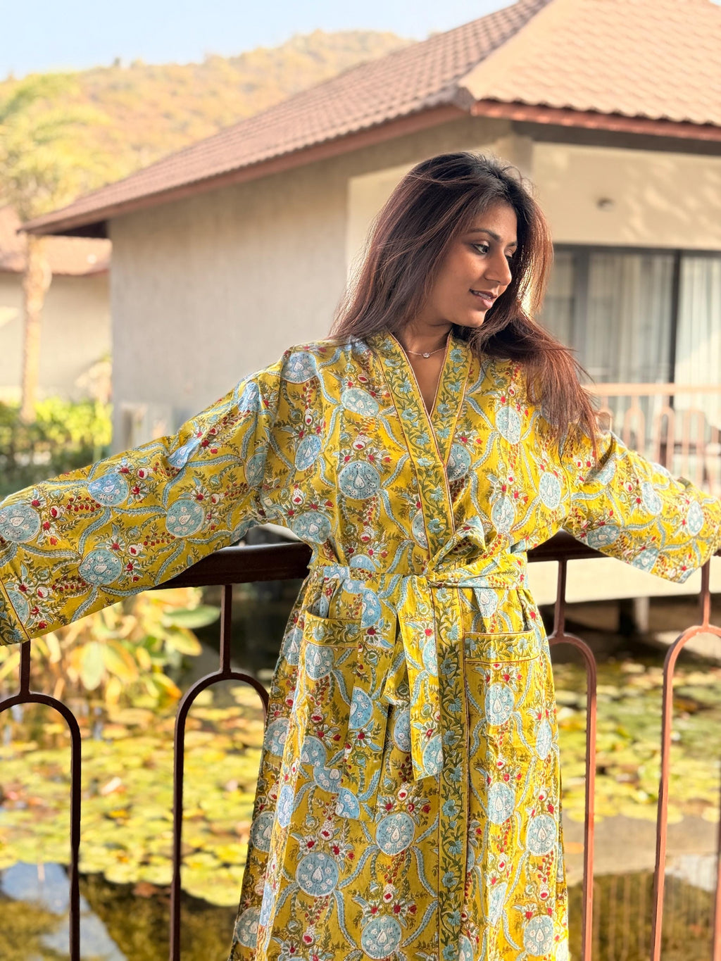 Hand Block Print Cotton Bathrobe, Natural Dye Kimono Robe, Lightweight Spa Robe, Handmade Gift for Her or Him