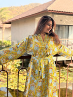 Hand Block Print Cotton Bathrobe, Natural Dye Kimono Robe, Lightweight Spa Robe, Handmade Gift for Her or Him