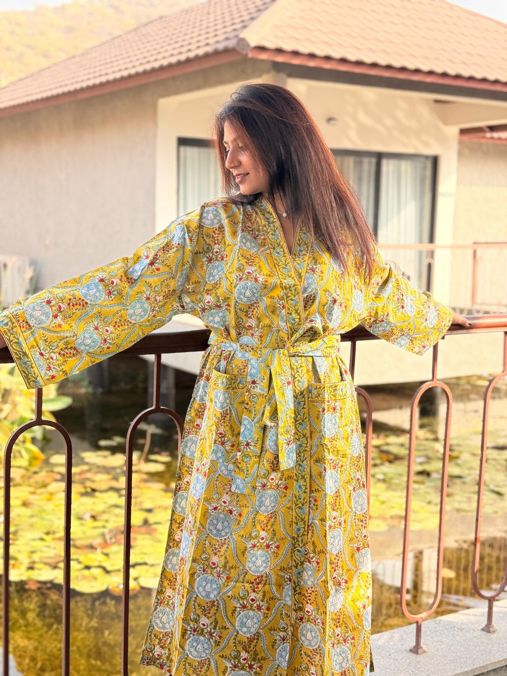 Hand Block Print Cotton Bathrobe, Natural Dye Kimono Robe, Lightweight Spa Robe, Handmade Gift for Her or Him