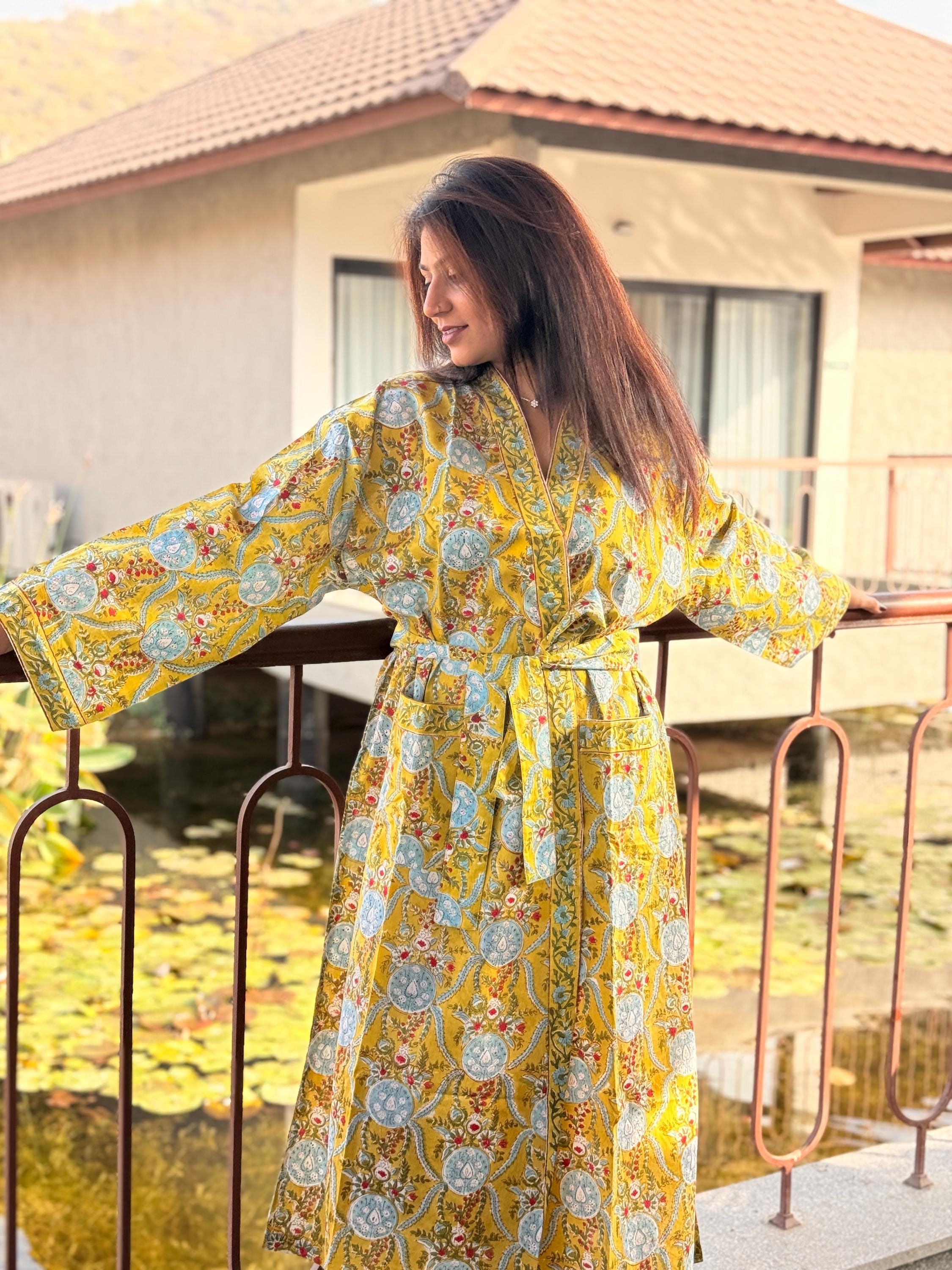Hand Block Print Cotton Bathrobe, Natural Dye Kimono Robe, Lightweight Spa Robe, Handmade Gift for Her or Him