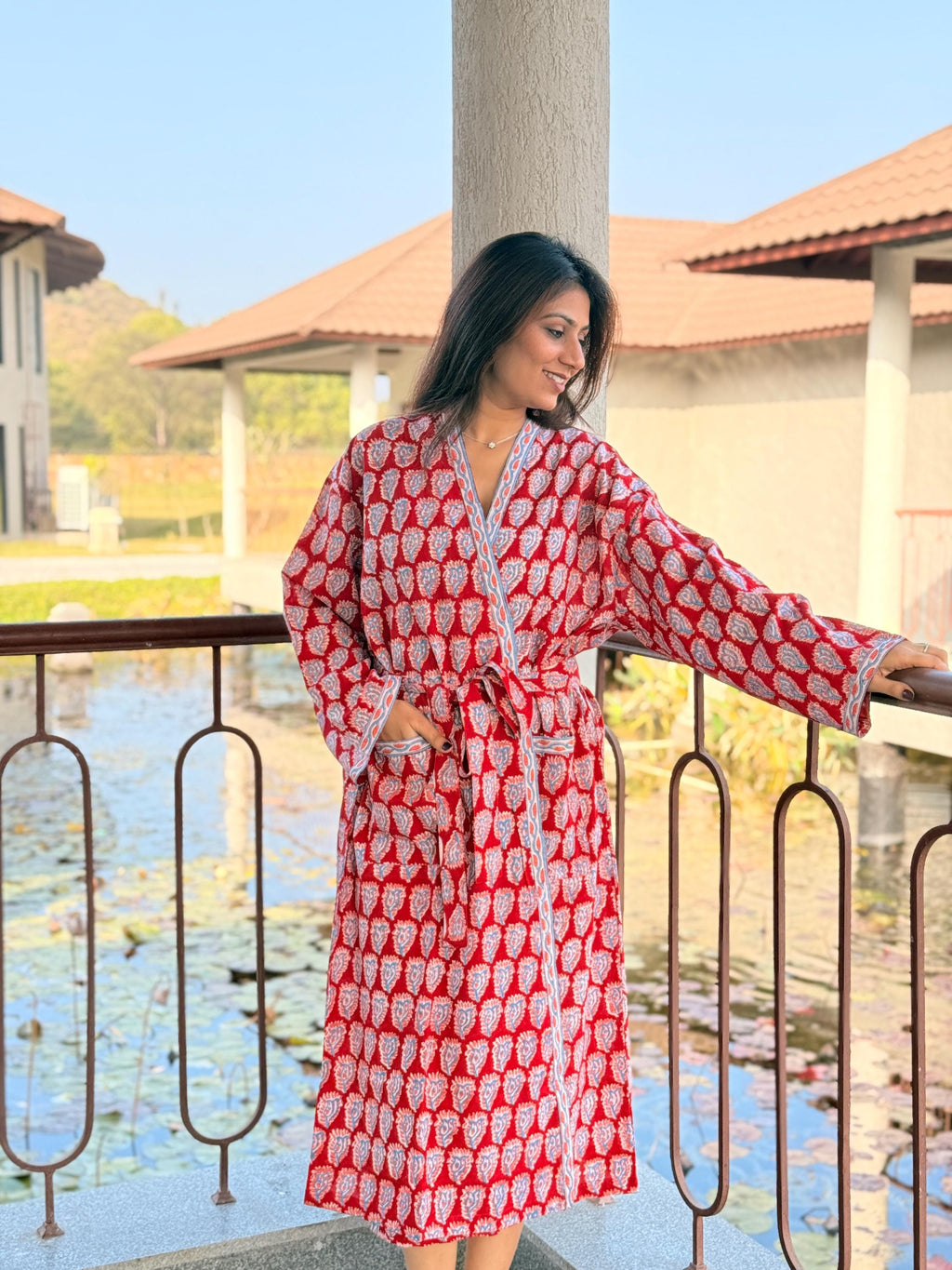Hand Block Print Cotton Bathrobe, Natural Dye Kimono Robe, Lightweight Spa Robe, Handmade Gift for Her or Him