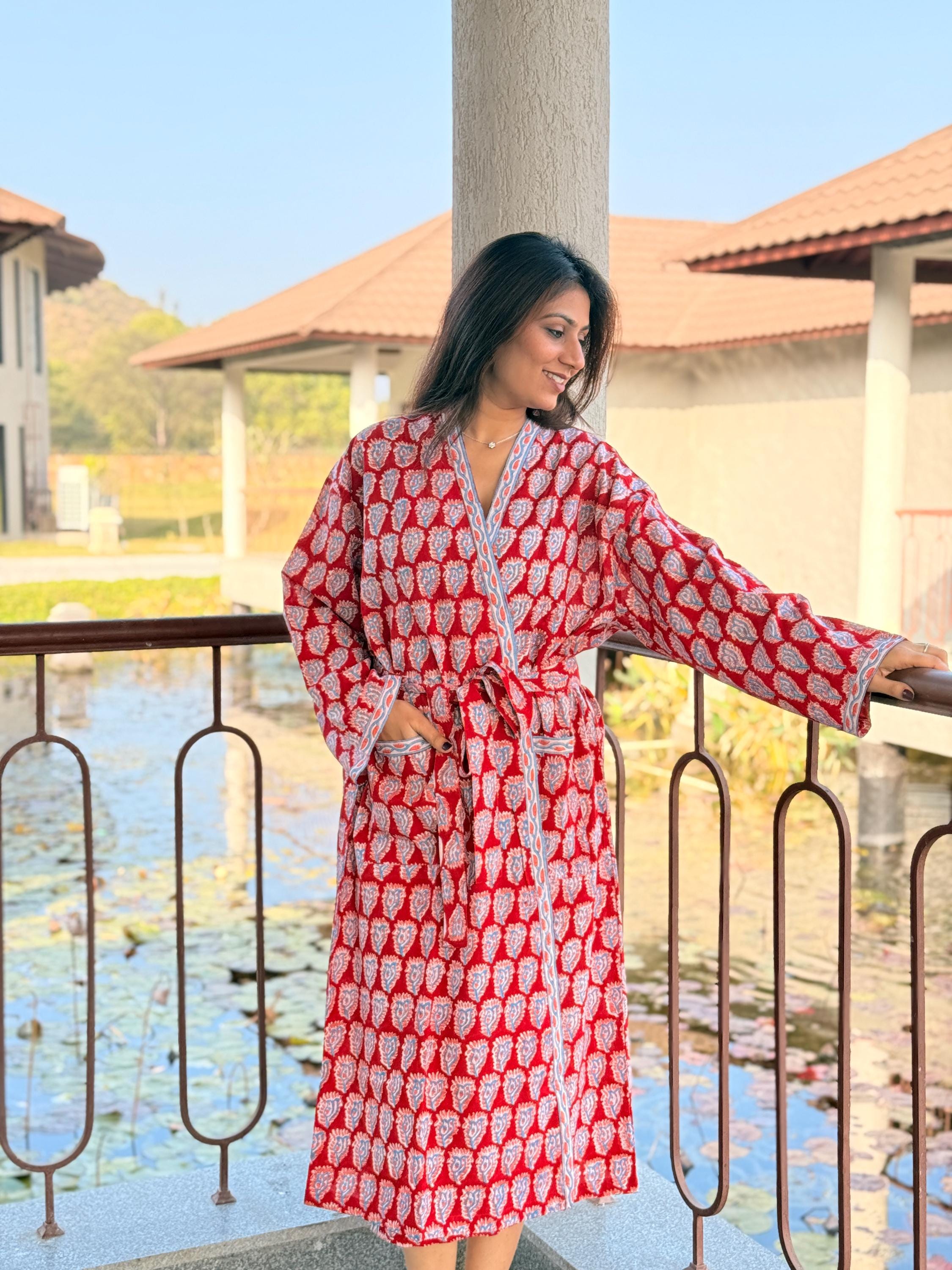 Hand Block Print Cotton Bathrobe, Natural Dye Kimono Robe, Lightweight Spa Robe, Handmade Gift for Her or Him