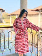 Hand Block Print Cotton Bathrobe, Natural Dye Kimono Robe, Lightweight Spa Robe, Handmade Gift for Her or Him
