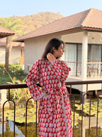 Hand Block Print Cotton Bathrobe, Natural Dye Kimono Robe, Lightweight Spa Robe, Handmade Gift for Her or Him
