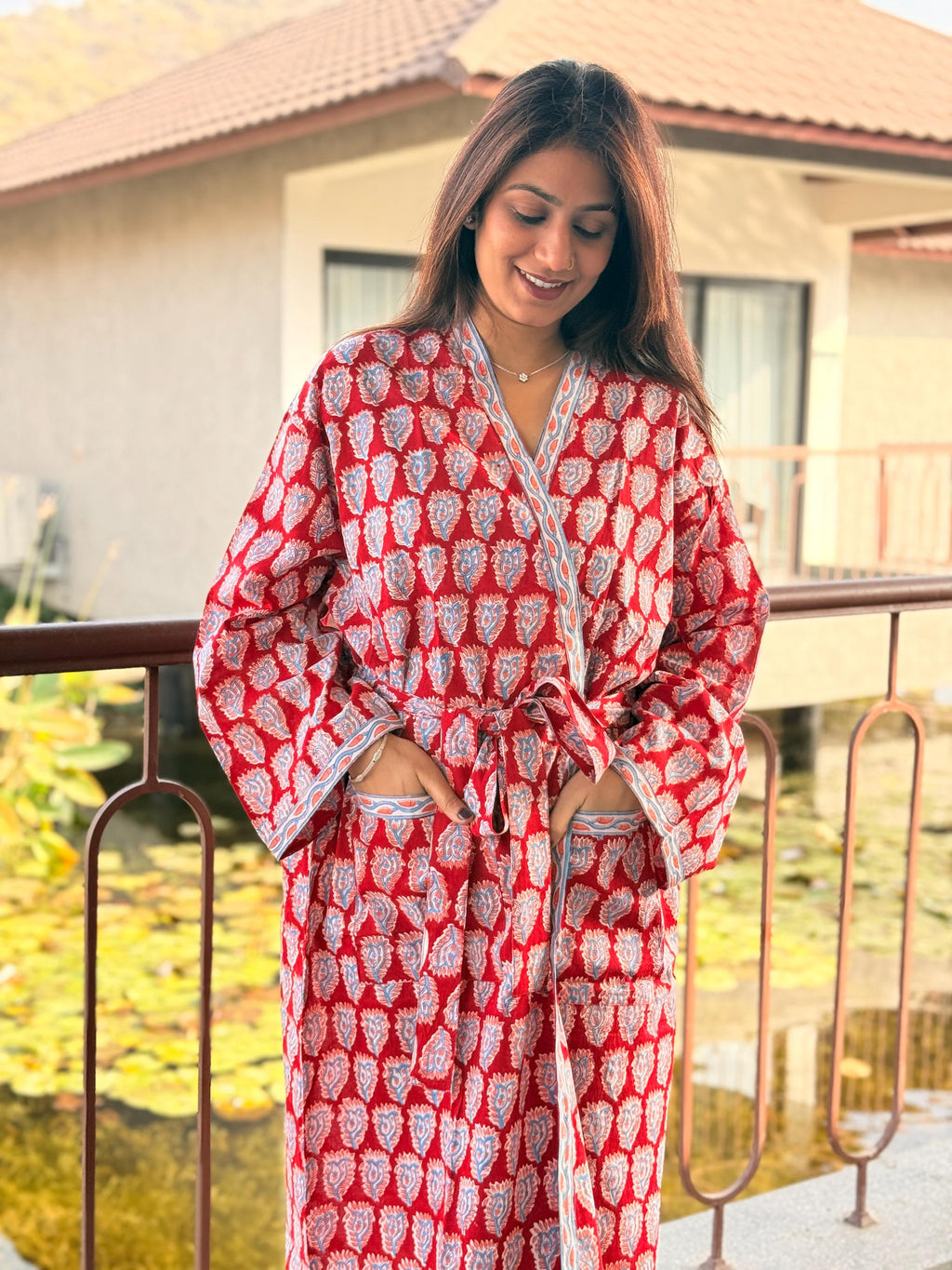 Hand Block Print Cotton Bathrobe, Natural Dye Kimono Robe, Lightweight Spa Robe, Handmade Gift for Her or Him
