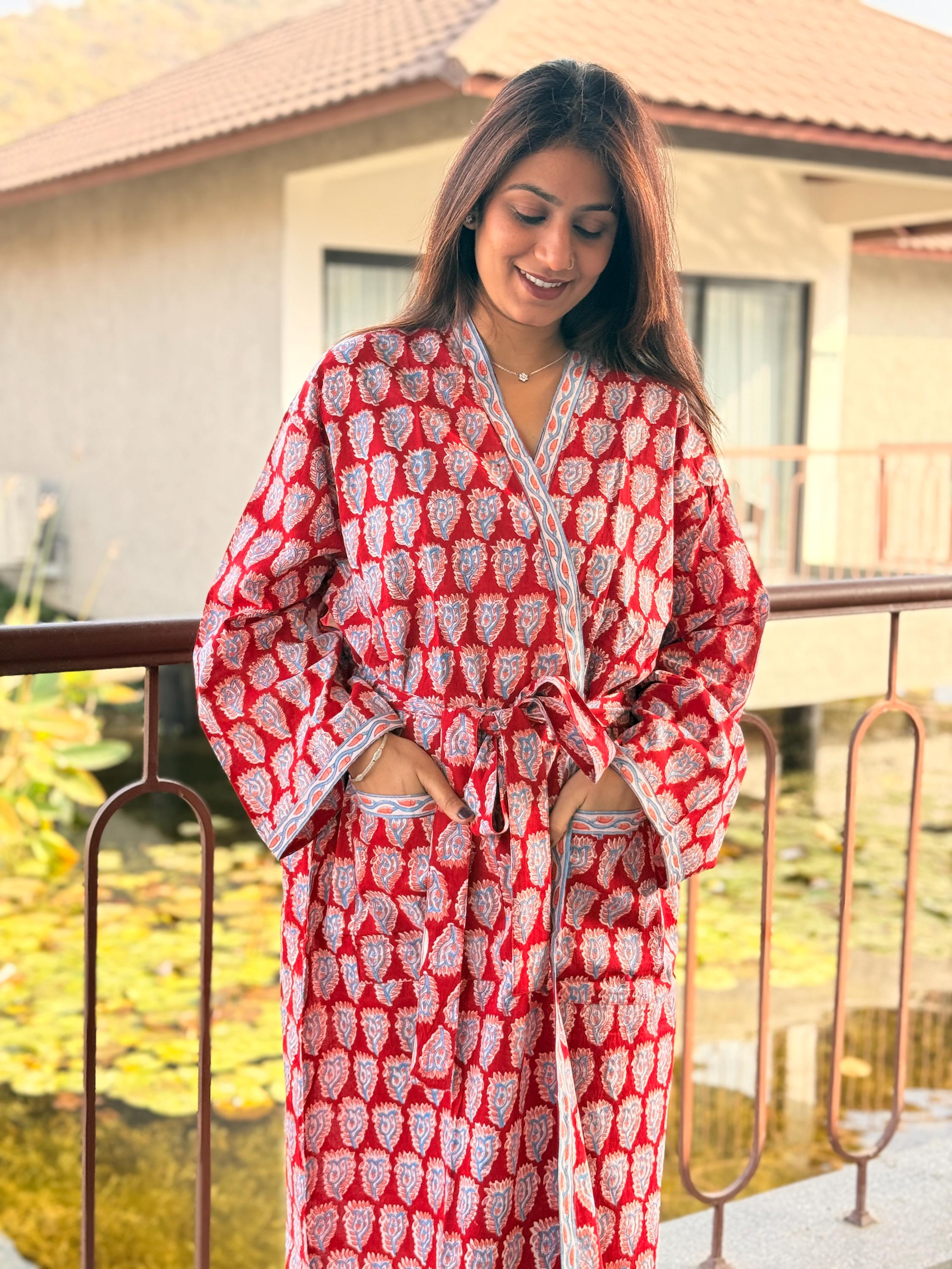 Hand Block Print Cotton Bathrobe, Natural Dye Kimono Robe, Lightweight Spa Robe, Handmade Gift for Her or Him