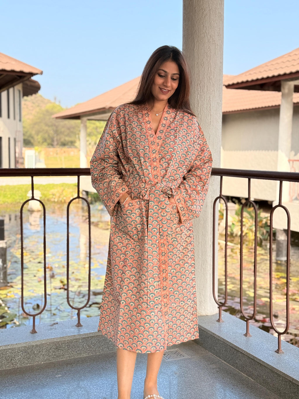 Hand Block Print Cotton Bathrobe, Natural Dye Kimono Robe, Lightweight Spa Robe, Handmade Gift for Her or Him