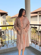 Hand Block Print Cotton Bathrobe, Natural Dye Kimono Robe, Lightweight Spa Robe, Handmade Gift for Her or Him