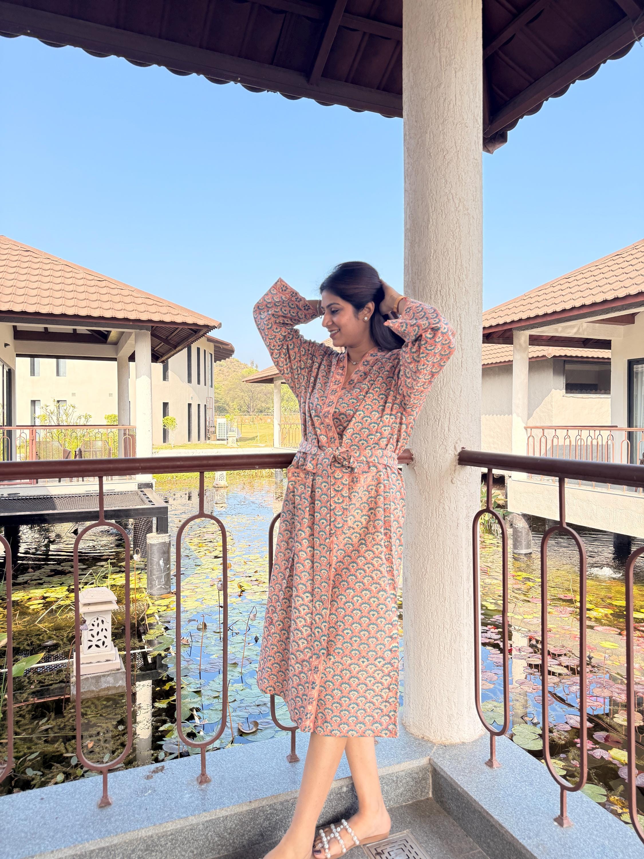 Hand Block Print Cotton Bathrobe, Natural Dye Kimono Robe, Lightweight Spa Robe, Handmade Gift for Her or Him