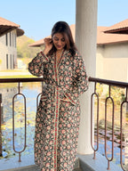 Hand Block Print Cotton Bathrobe, Natural Dye Kimono Robe, Lightweight Spa Robe, Handmade Gift for Her or Him