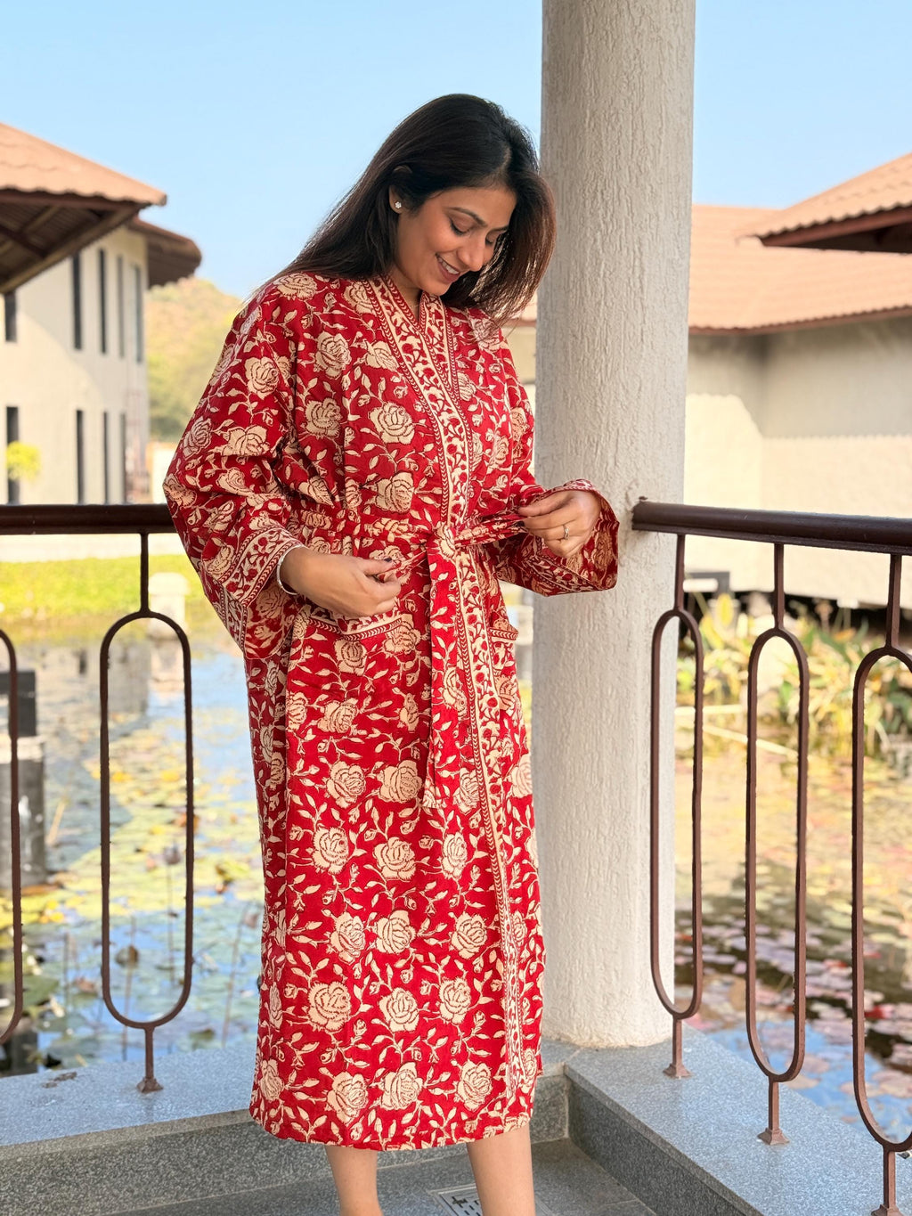 Hand Block Print Cotton Bathrobe, Natural Dye Kimono Robe, Lightweight Spa Robe, Handmade Gift for Her or Him