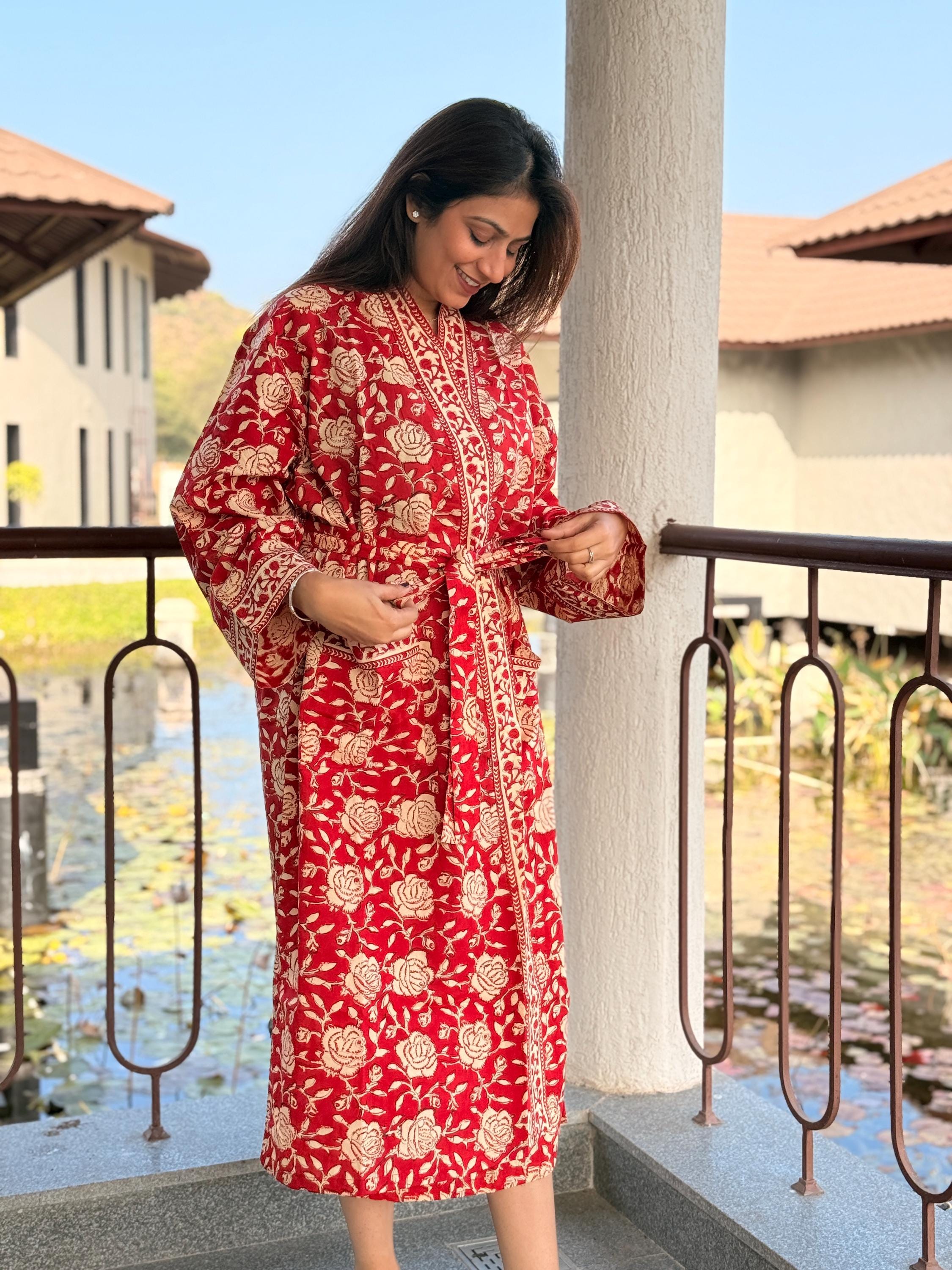 Hand Block Print Cotton Bathrobe, Natural Dye Kimono Robe, Lightweight Spa Robe, Handmade Gift for Her or Him