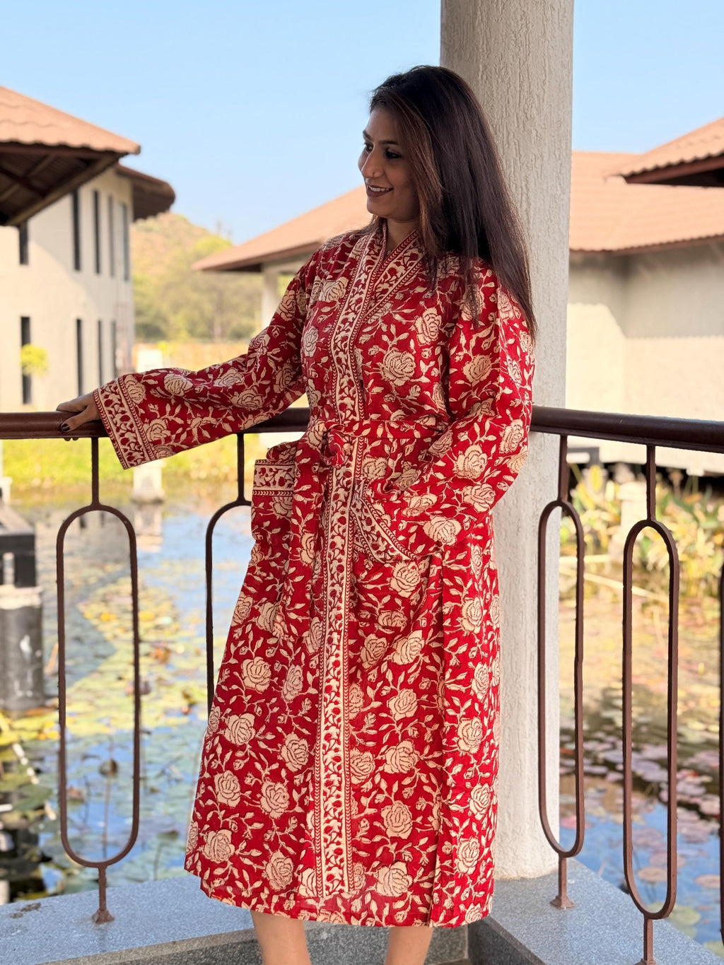 Hand Block Print Cotton Bathrobe, Natural Dye Kimono Robe, Lightweight Spa Robe, Handmade Gift for Her or Him