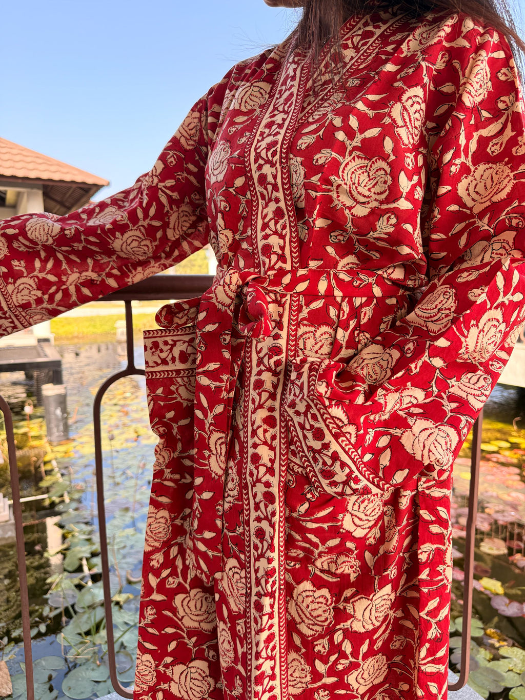Hand Block Print Cotton Bathrobe, Natural Dye Kimono Robe, Lightweight Spa Robe, Handmade Gift for Her or Him