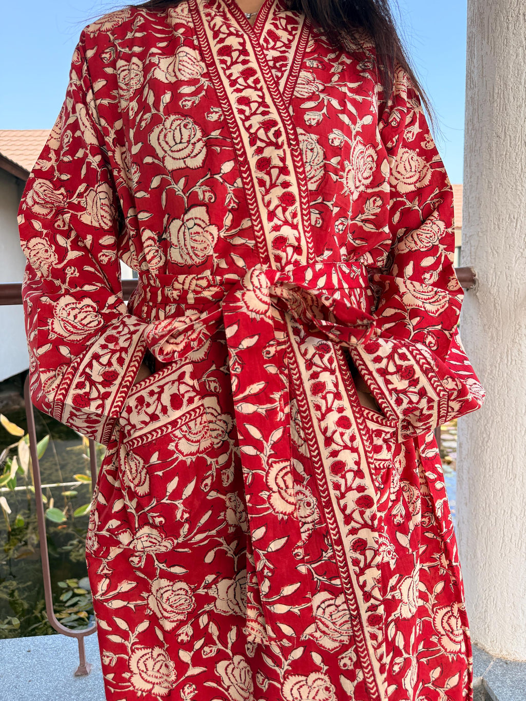 Hand Block Print Cotton Bathrobe, Natural Dye Kimono Robe, Lightweight Spa Robe, Handmade Gift for Her or Him