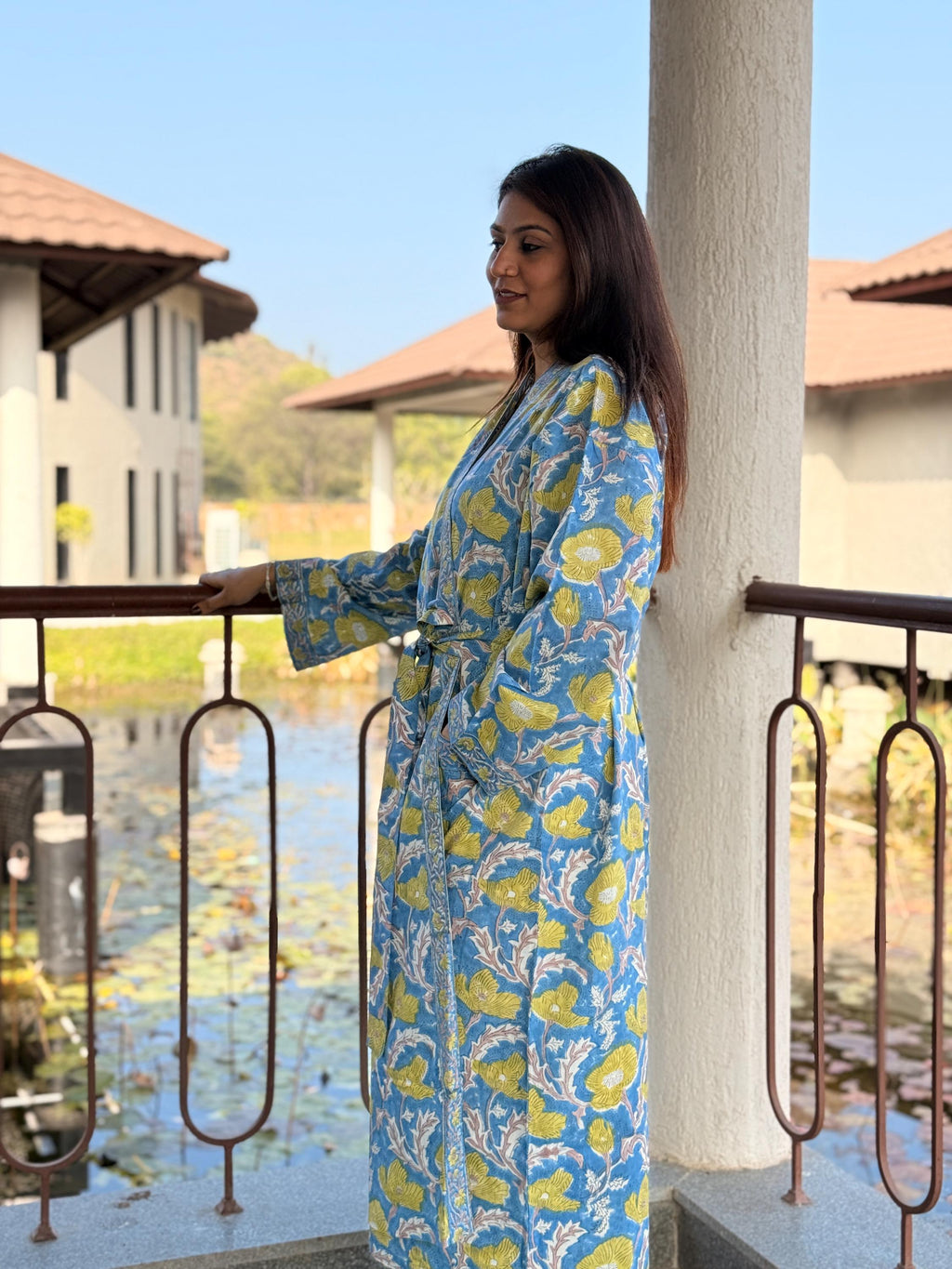 Hand Block Print Cotton Bathrobe, Natural Dye Kimono Robe, Lightweight Spa Robe, Handmade Gift for Her or Him