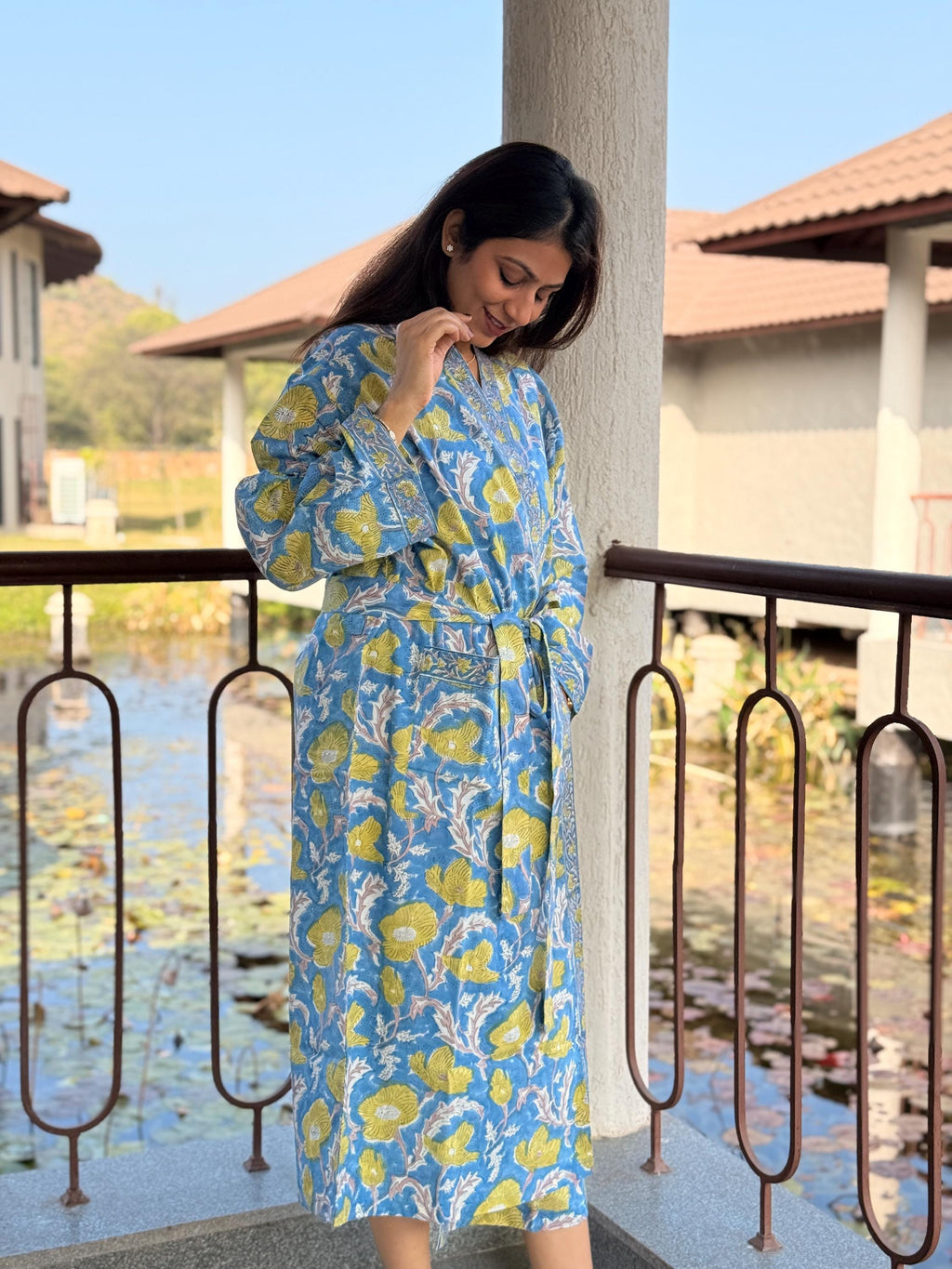 Hand Block Print Cotton Bathrobe, Natural Dye Kimono Robe, Lightweight Spa Robe, Handmade Gift for Her or Him