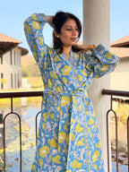 Hand Block Print Cotton Bathrobe, Natural Dye Kimono Robe, Lightweight Spa Robe, Handmade Gift for Her or Him