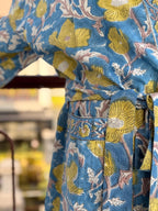 Hand Block Print Cotton Bathrobe, Natural Dye Kimono Robe, Lightweight Spa Robe, Handmade Gift for Her or Him