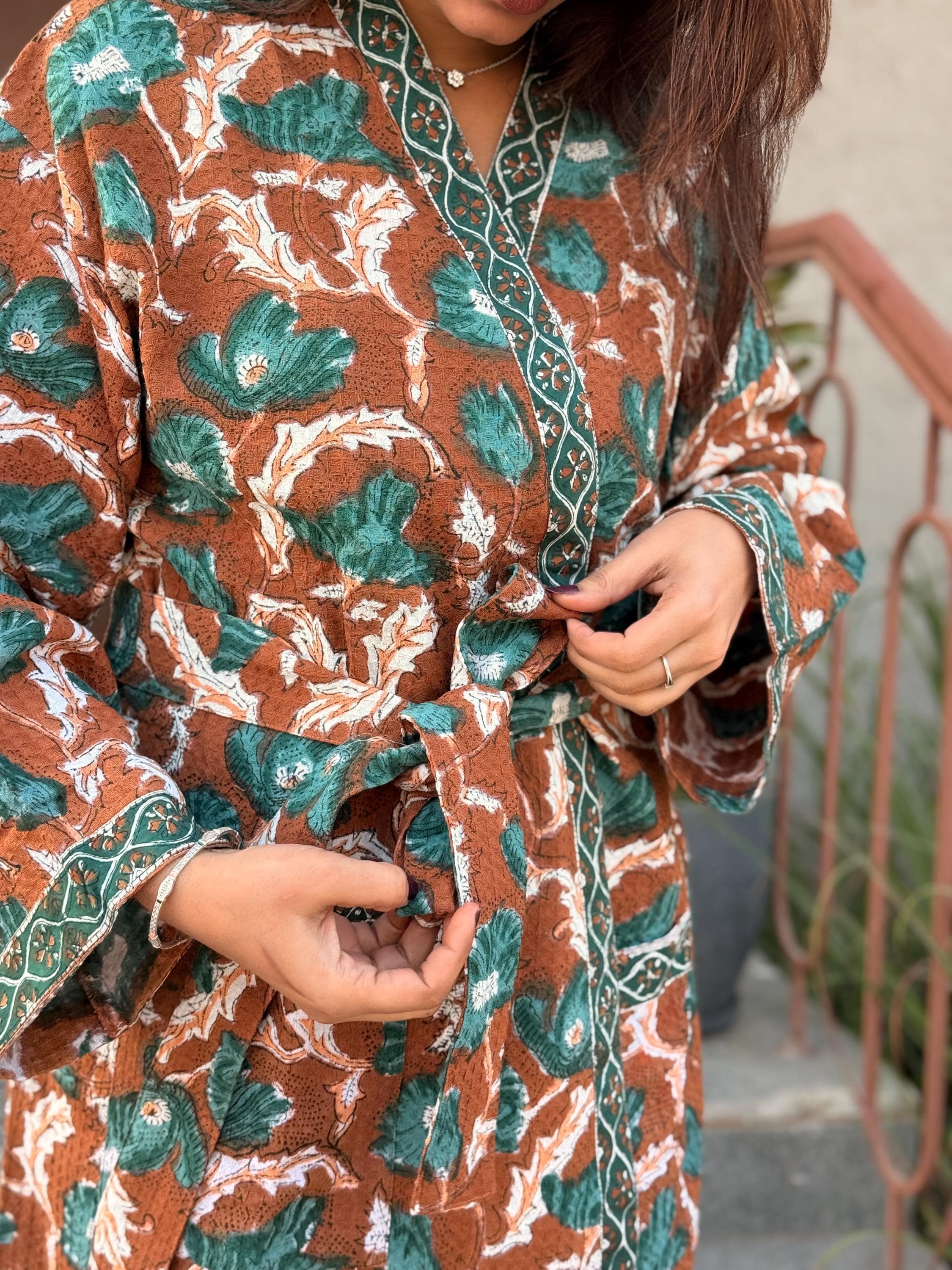 Hand Block Print Cotton Waffle Kimono Robe, Floral Spa Loungewear