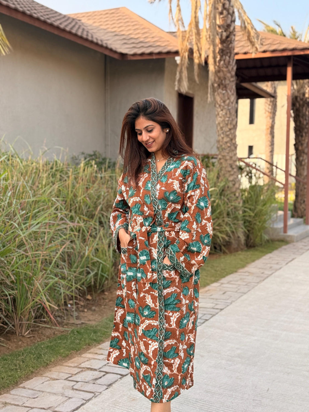 Hand Block Print Cotton Waffle Kimono Robe, Floral Spa Loungewear