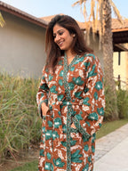Hand Block Print Cotton Waffle Kimono Robe, Floral Spa Loungewear