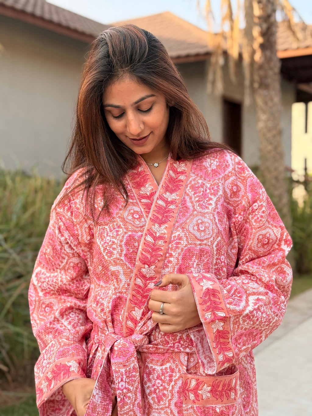 Hand Block Print Waffle Cotton Bathrobe, Lightweight Spa Robe, Natural Dye Kimono Robe, Handmade Unisex Bathrobe, Sustainable Loungewear