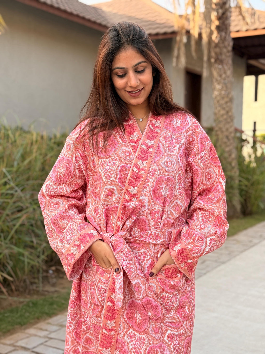Hand Block Print Waffle Cotton Bathrobe, Lightweight Spa Robe, Natural Dye Kimono Robe, Handmade Unisex Bathrobe, Sustainable Loungewear