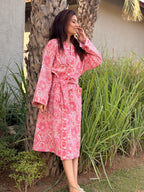 Hand Block Print Waffle Cotton Bathrobe, Lightweight Spa Robe, Natural Dye Kimono Robe, Handmade Unisex Bathrobe, Sustainable Loungewear