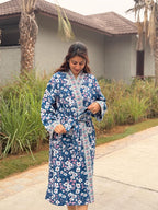 Hand Block Print Waffle Cotton Bathrobe, Lightweight Spa Robe, Natural Dye Kimono Robe, Handmade Unisex Bathrobe, Sustainable Loungewear