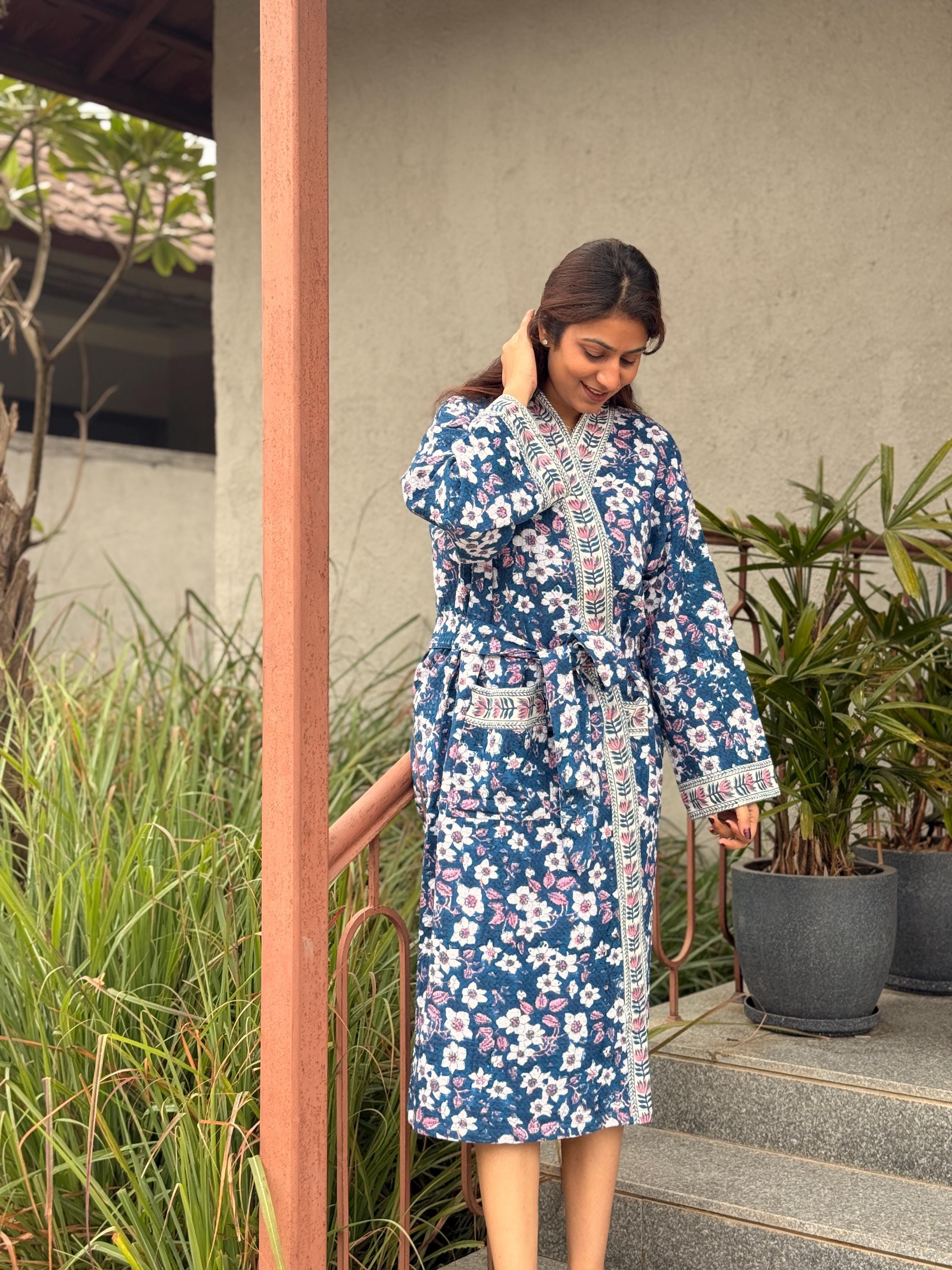 Hand Block Print Waffle Cotton Bathrobe, Lightweight Spa Robe, Natural Dye Kimono Robe, Handmade Unisex Bathrobe, Sustainable Loungewear