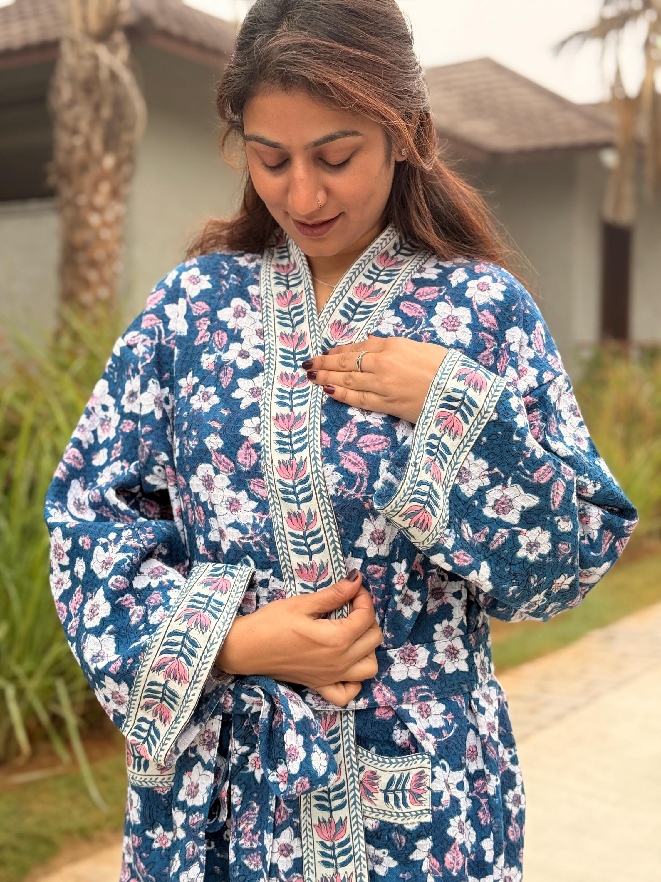 Hand Block Print Waffle Cotton Bathrobe, Lightweight Spa Robe, Natural Dye Kimono Robe, Handmade Unisex Bathrobe, Sustainable Loungewear