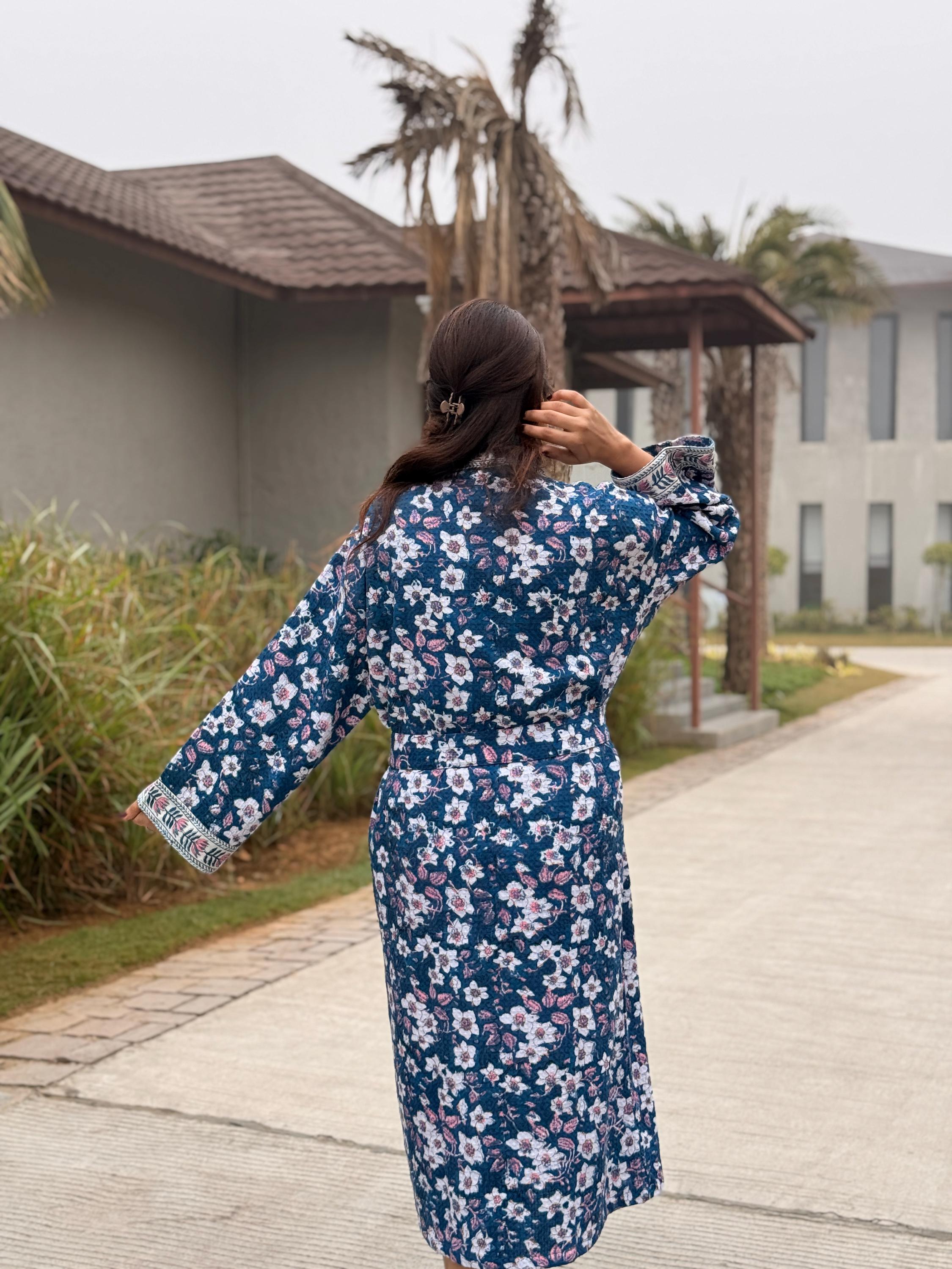 Hand Block Print Waffle Cotton Bathrobe, Lightweight Spa Robe, Natural Dye Kimono Robe, Handmade Unisex Bathrobe, Sustainable Loungewear