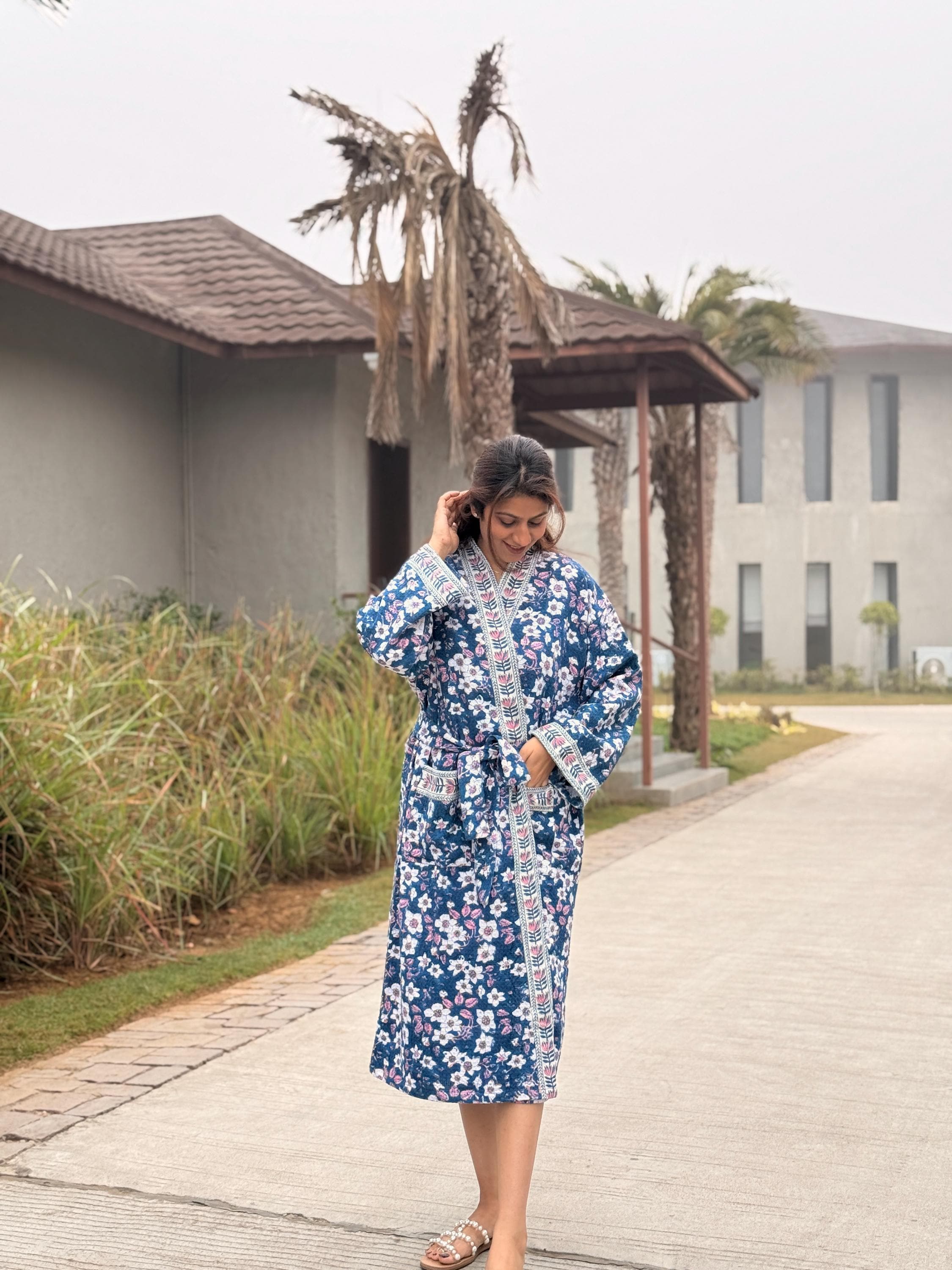 Hand Block Print Waffle Cotton Bathrobe, Lightweight Spa Robe, Natural Dye Kimono Robe, Handmade Unisex Bathrobe, Sustainable Loungewear