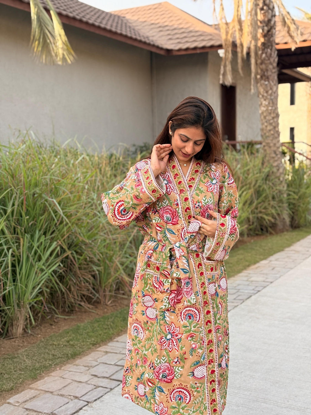 Hand Block Print Waffle Cotton Bathrobe, Lightweight Spa Robe, Natural Dye Kimono Robe, Handmade Unisex Bathrobe, Sustainable Loungewear