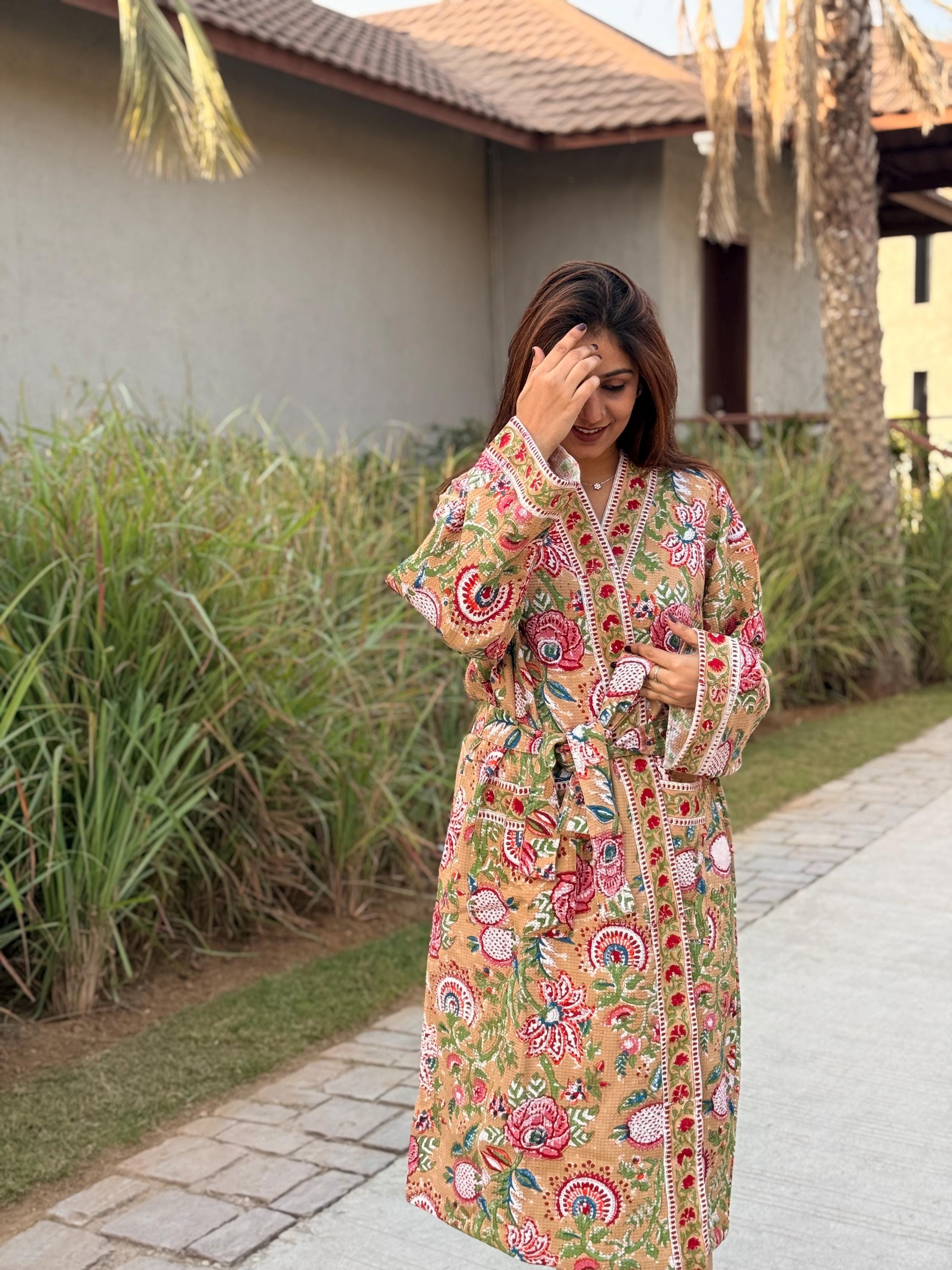 Hand Block Print Waffle Cotton Bathrobe, Lightweight Spa Robe, Natural Dye Kimono Robe, Handmade Unisex Bathrobe, Sustainable Loungewear