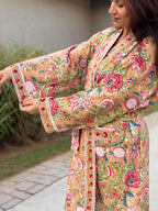 Hand Block Print Waffle Cotton Bathrobe, Lightweight Spa Robe, Natural Dye Kimono Robe, Handmade Unisex Bathrobe, Sustainable Loungewear
