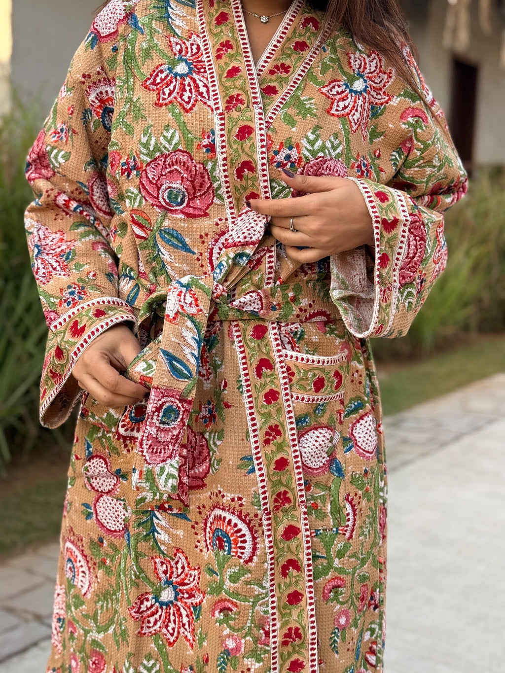 Hand Block Print Waffle Cotton Bathrobe, Lightweight Spa Robe, Natural Dye Kimono Robe, Handmade Unisex Bathrobe, Sustainable Loungewear